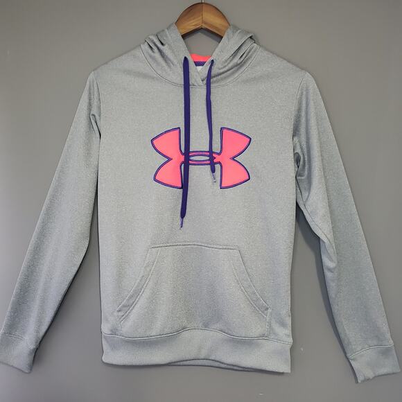 Under Armour Tops - Under Armour Storm Hoodie Womens XS Gray Pink‎ Logo Pullover Sweatshirt
